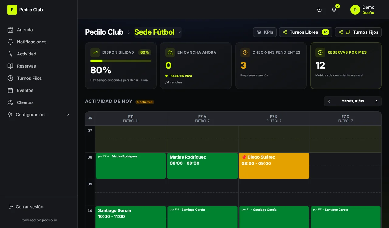 La agenda del club con un turno fijo pendiente de confirmación, en ámbar