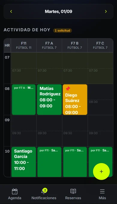 La agenda del club con un turno fijo pendiente de confirmación, en ámbar