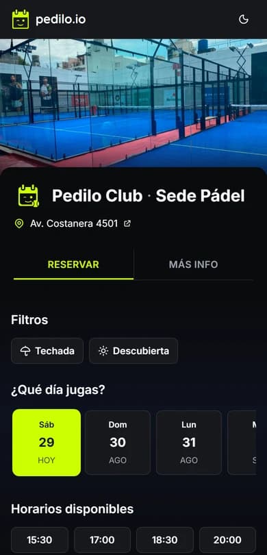 El link público del club: elige sede, filtra por cancha y elige el día