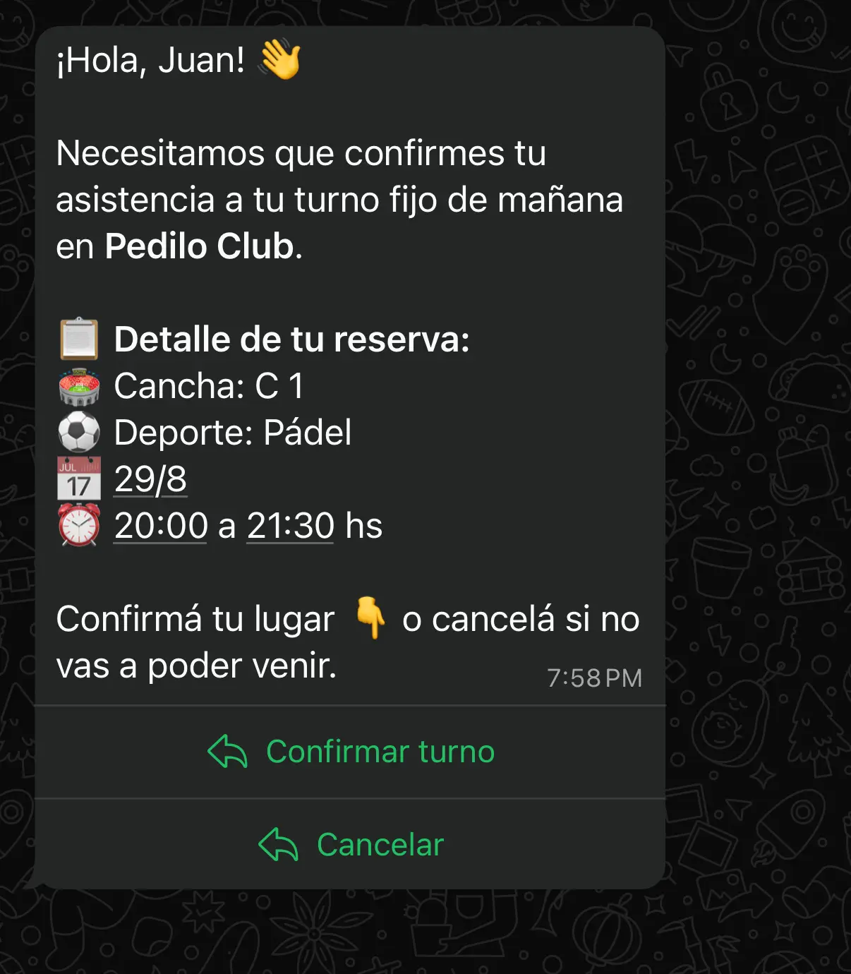 Mensaje de WhatsApp del recordatorio de turno fijo — el cliente ve los botones Confirmar turno y Cancelar